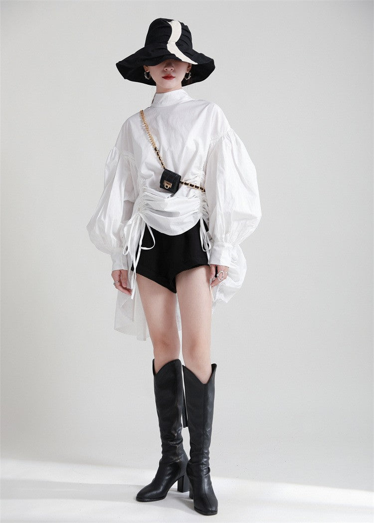 2025 Women Irregular Drawstring Big Size White Blouse New Stand Collar Long Sleeve Shirt Fashion Tide Spring Autumn