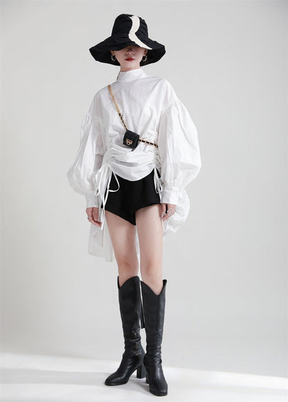 2025 Women Irregular Drawstring Big Size White Blouse New Stand Collar Long Sleeve Shirt Fashion Tide Spring Autumn