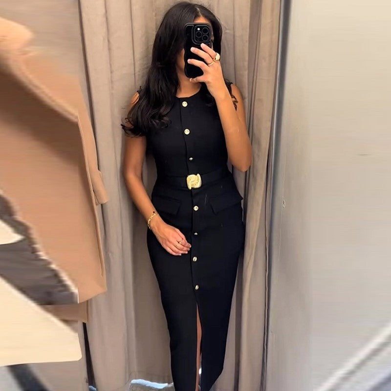 HXAO Womens Black Dresses Belt Long Dresses Summer 2025 Casual Women's Dresses M