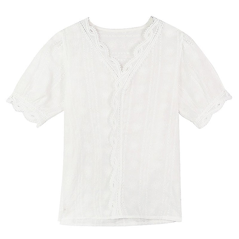 Women's Shirt Lace Hollow Out Sweet Loose White V-Neck Blouse Half Sleeves Solid Blouse Shirt