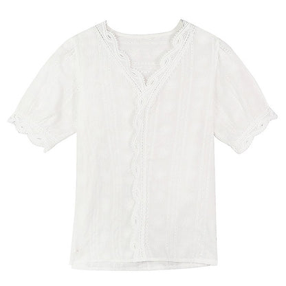 Women's Shirt Lace Hollow Out Sweet Loose White V-Neck Blouse Half Sleeves Solid Blouse Shirt