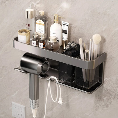 Wall Mounted Hair Dryer Holder Storage Shelf Hairdryer Rack Organizer Bathroom Accessories No-Drilling Shower Shelf Aluminum