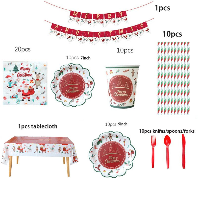 JUSTINLAU Christmas Cutlery Disposable Tableware Set Paper Plates Paper Cups Tissues Tablecloth Dining Plates Christmas Themed