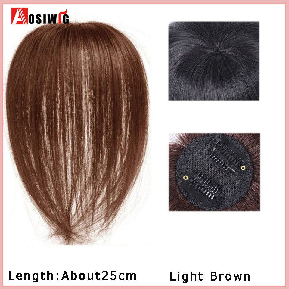 Perucas de cabelo encaracolado sintético AOSI castanho preto, substituição de extensões de cabelo tipo topete, apliques femininos com franja