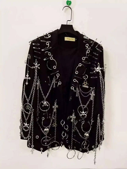 WVGA Spring Autumn New Men Y2K Dark Techwear Gothic Chain Design Blazer Punk Rock Heavy Beaded Niche Chic Casual Suit-Coat W8497