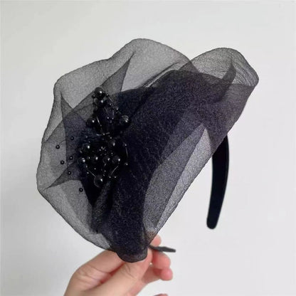 French Beaded Mesh Hairband Elegant Fashion Mesh Veil Fascinator Hat Bead Yarn Half Hat Dinner Party Hairband Hair Accessories