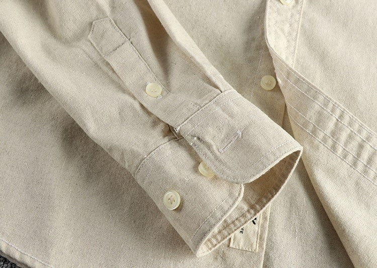 2025 Spring New Japanese Retro Long Sleeve Lapel Cotton and Linen Cargo Shirt Men's Simple Single Pocket Casual Loose Blouses