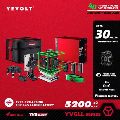 Nível a Laser Verde YEVOLT YVGLL4XS16 Series 4 Planos 16 Linhas Autonivelante 360 3D Ferramentas de Medição de Potência Horizontal e Vertical