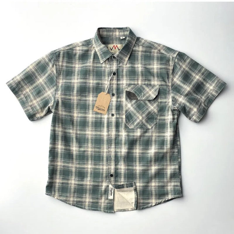 2025 Summer New American Retro Short Sleeve Lapel Plaid Cargo Shirt Men's Simple 100% Cotton Washed Single Pocket Casual Blouses