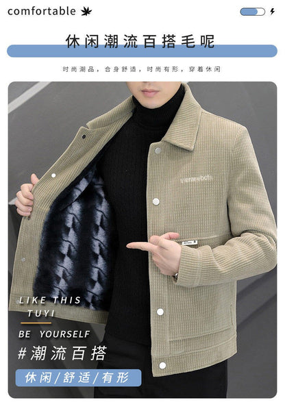 Men's Fleece-Lined Thickened Warm Casual Jacket New Turn-Down Collar Trendy Short Wool Coat Woolen Overcoat