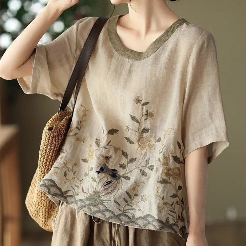 Cotton Linen Embroidered Floral Blouses Women's Chinese Classic Loose Shirt Top Casual Retro O Neck Short Sleeve Summer Shirts