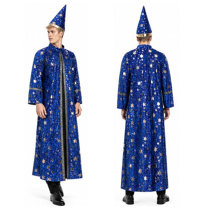 Halloween Wizard Costume Velvet Long Robe Blue Gold Star Print Cloak With Pointed Hat Adult Cosplay Fancy Party Dress Up Outfit