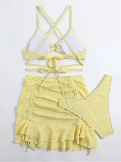 Sexy Yellow Bikini Women Solid Halter Ring Linked Criss Cross Cover Up 3 Piece Swimsuit 2025 Bathing Suit Ruffles Skirt Swimwear