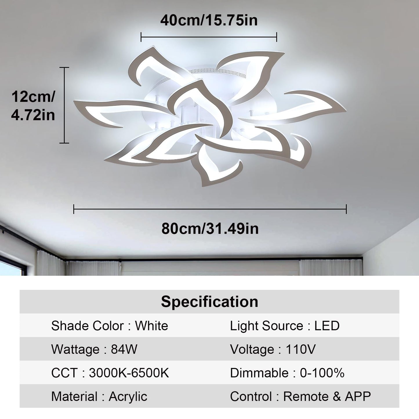Flower Shape LED Ceiling Light, Dimmable 3000K-6500K APP for Living Room Bedroom Kitchen Modern Acrylic Chandelier Energy Saving