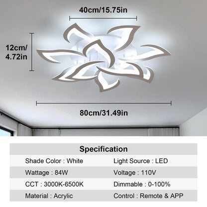 Flower Shape LED Ceiling Light, Dimmable 3000K-6500K APP for Living Room Bedroom Kitchen Modern Acrylic Chandelier Energy Saving