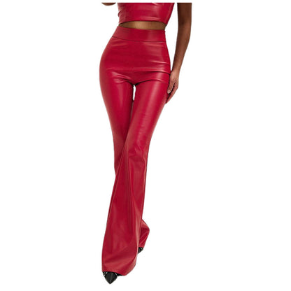 Women's High Waist Faux Leather Pants Solid Color PU Shiny Flared Trousers Slim Fit Bell Bottoms Sexy Pant for Women