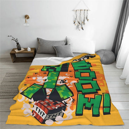 Cartoon Mines Pixel Game Crafts Flannel Blanket Super Warm Throw Blanket for Home Decor Decorative Street Trend Bedspread