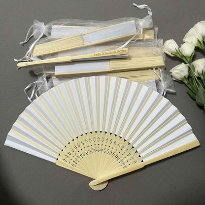 20/50/80 Personalized Engraved White Folding Elegant Paper Fan with Gift bag with organza & Portable Party Wedding Supplies Fan