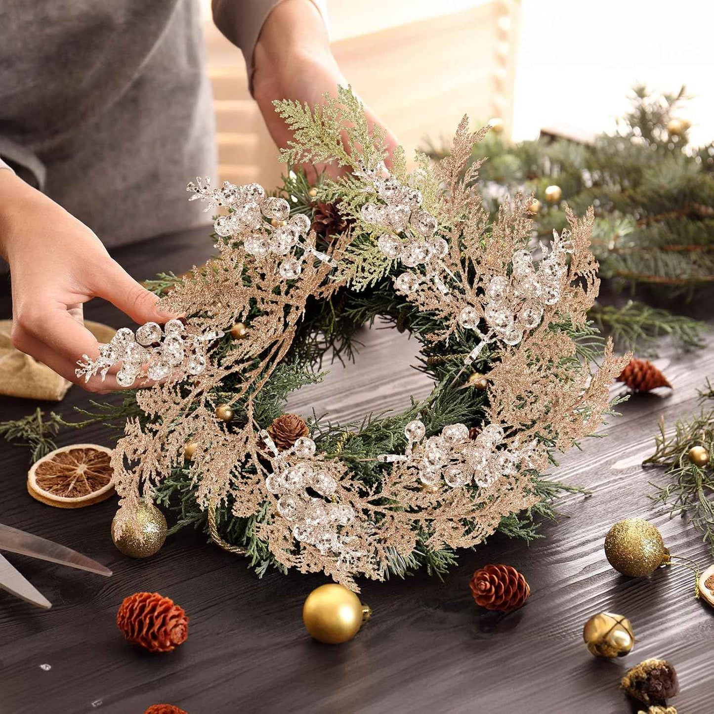 Glitter Christmas Decoration Artificial Berrys Bouquets Stalk Pine Needle Xmas Tree Ornament Xmas DIY Wreath Gift Accessories