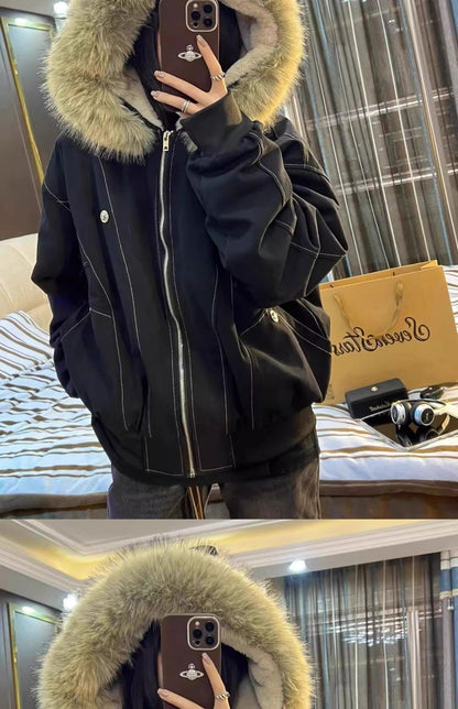 American Street Fur Collar Zipper Hooded Jacket Women Autumn Winter Retro New Velvet Thickened Warm Fashion Loose Casual Jacket