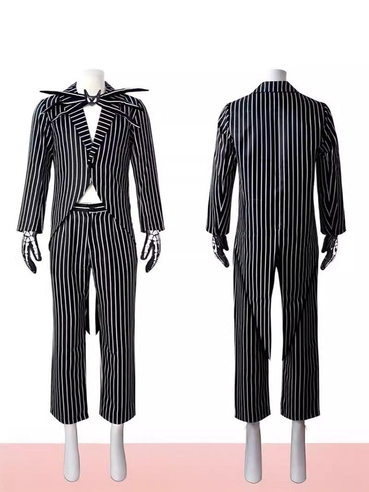 Anime Jack Skelington Black White Striped Cosplay Costume Men Retro Tailcoat Woman Dress Christmas Night Halloween Party Outfit