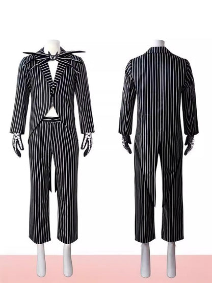 Anime Jack Skelington Black White Striped Cosplay Costume Men Retro Tailcoat Woman Dress Christmas Night Halloween Party Outfit