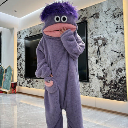 Funny Big Mouth Monster Onesie Pajamas Fluffy Coral Fleece Hooded Loungewear with Pocket Cartoon Party Costume