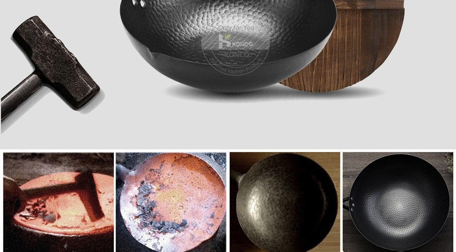 Panela Wok de Ferro Puro Konco, Panela de Ferro Fundido Antiaderente, Uso Geral para Fogão a Gás e Indução 32cm