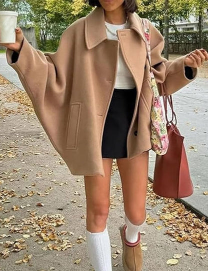 Women's Oblique Button Loose Batwing Sleeve Jacket Coat Lapel Double Pocket Warm Solid Vintage Outerwear Fall Winter Coat