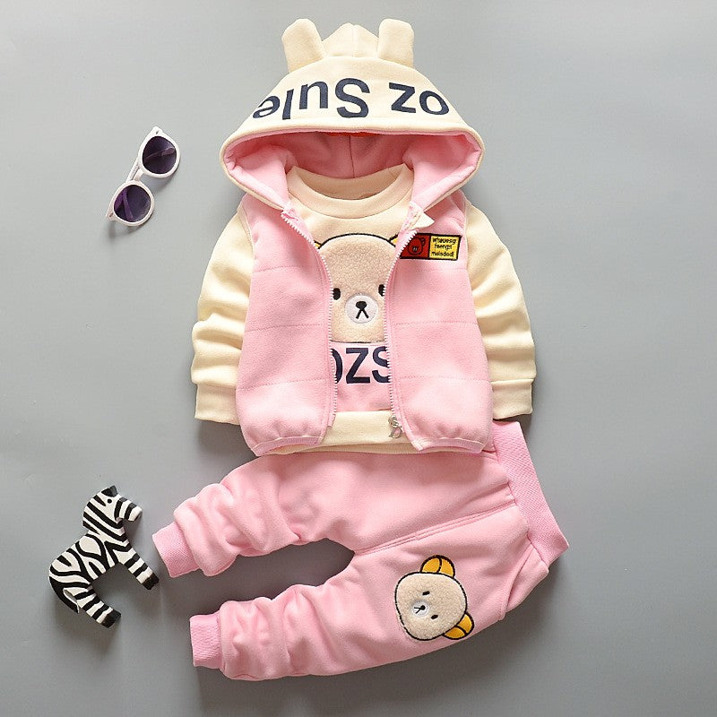 Boy Girl Winter Cartoon Set Baby Autumn Thick Warm Suit Infant Hooded Jackets+Pullovers+Pants 3Pcs Outfits Kids Fleece Clothes