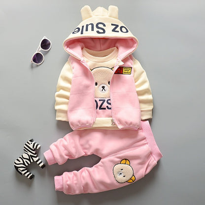 Boy Girl Winter Cartoon Set Baby Autumn Thick Warm Suit Infant Hooded Jackets+Pullovers+Pants 3Pcs Outfits Kids Fleece Clothes