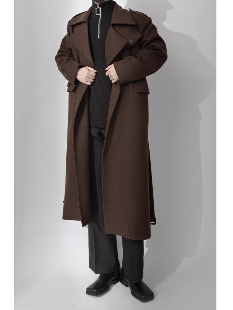 Mauroicardi Autumn Winter Cool Elegant Long Warm Black Woolen Trench Coat Men Belt Luxury Designer Clothes Wool Blends Overcoat