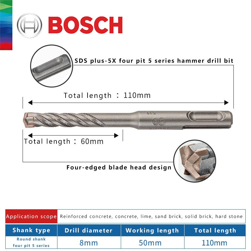 BOSCH Broca para Concreto e Madeira para Martelo Elétrico de Quatro Furos e Duas Ranhuras, de Duas Pontas, Série 5, com Haste Redonda