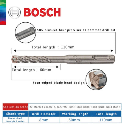 BOSCH Broca para Concreto e Madeira para Martelo Elétrico de Quatro Furos e Duas Ranhuras, de Duas Pontas, Série 5, com Haste Redonda