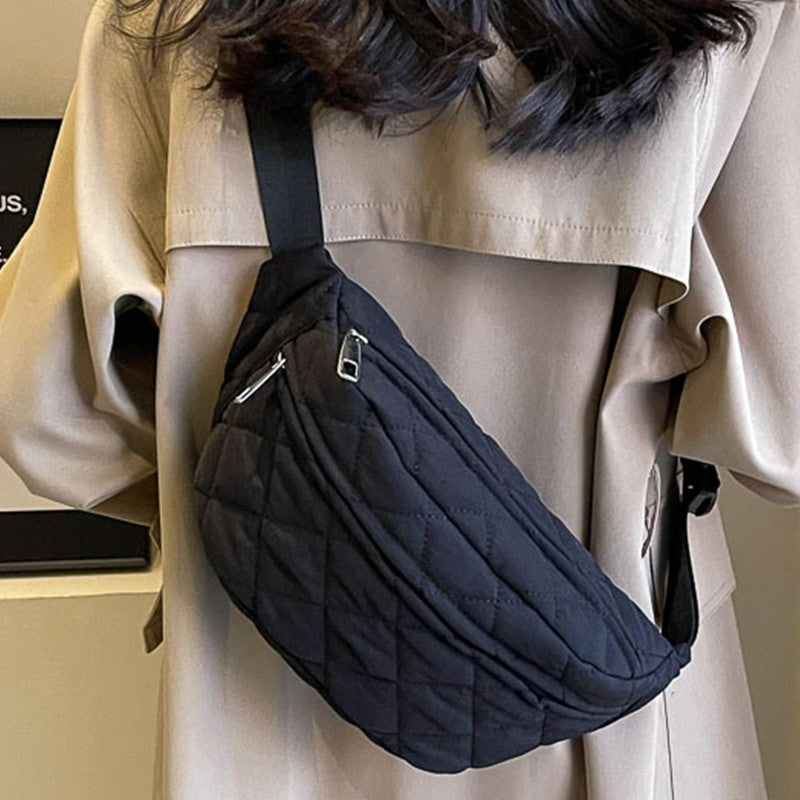 Quilted Patchwork Crossbody Bag - Large Nylon Purse, Multi-Pocket, Adjustable Strap. Grey Gift-Ready!