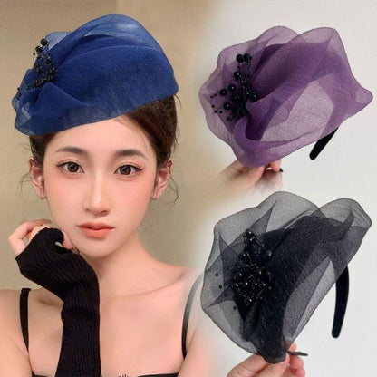 French Beaded Mesh Hairband Elegant Fashion Mesh Veil Fascinator Hat Bead Yarn Half Hat Dinner Party Hairband Hair Accessories