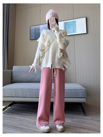 Women Wide Leg Corduroy Pants Autumn Winter Women Basic Elastic Waist Stright Long Pants Casual Female Long Pants Trousers