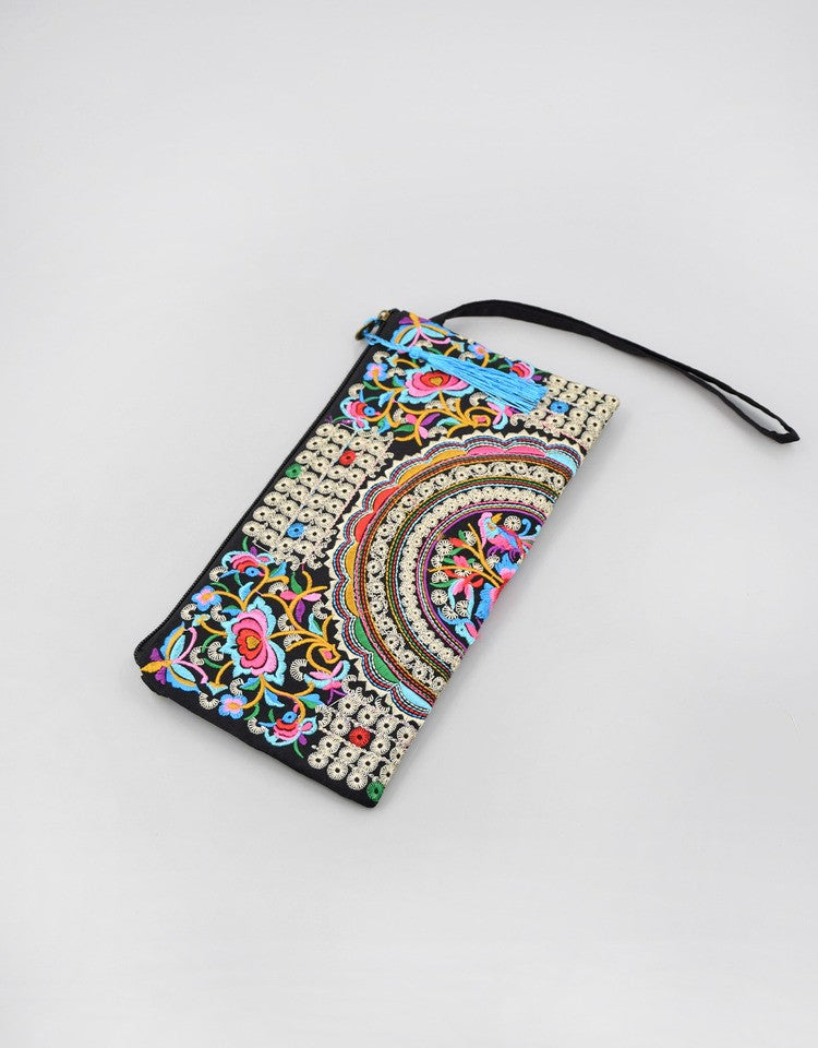Vintage Ethnic Style Embroidered Long Wallet Wristlet Clutch Bag with Flower Fabric and Phone Pocket