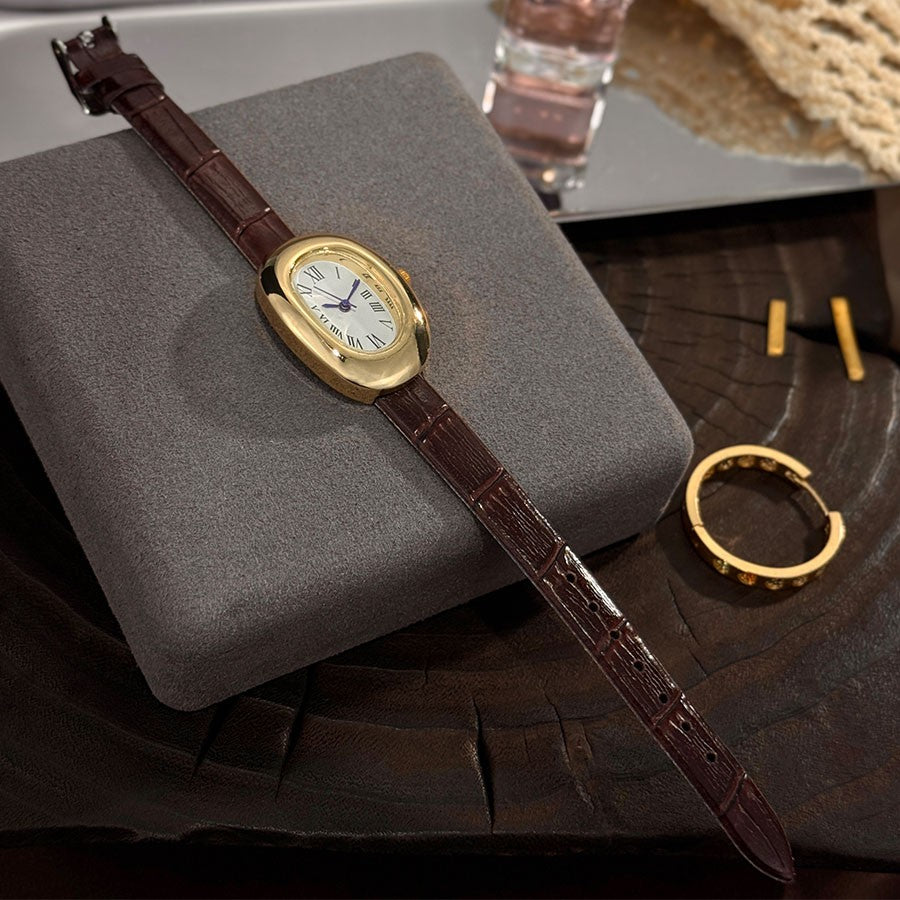 Ladies' New Oval Bathtub Egg-Shaped Belt Quartz Watch Elegant Miniature Vintage-Style Wristwatch Stylish Trendsetter