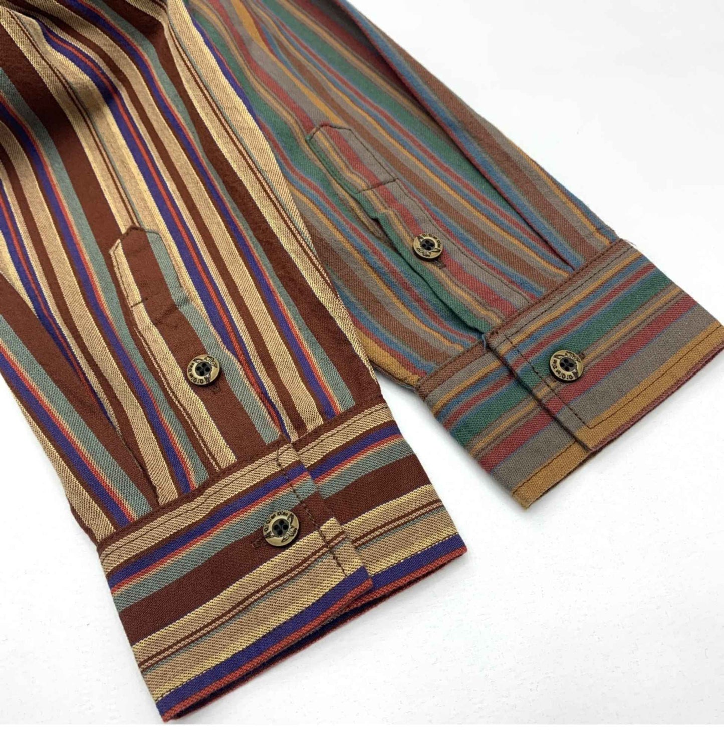 Amikaki Ethnic Style Men's Pure Cotton Colorful Stripes Shirt Loose Ancient Cargo Long Sleeved Shirt Jacket With Chest Pocket