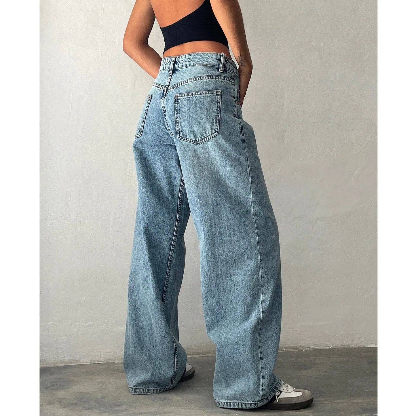 High Waist Straight Leg Women's Jeans Retro American Washed Denim Pants Autumn Street Style Wide Leg Trousers for Women