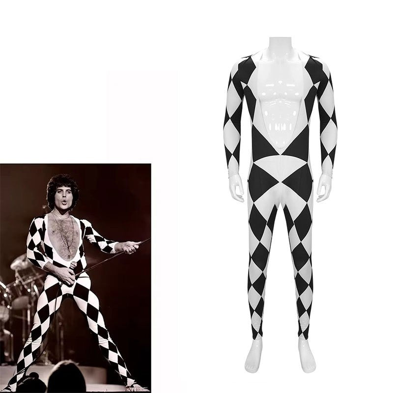 Freddie Mercury - Queen Harlequin Cosplay Costume Unitard Black and White Diamond Bodysuit with attached feet for Men