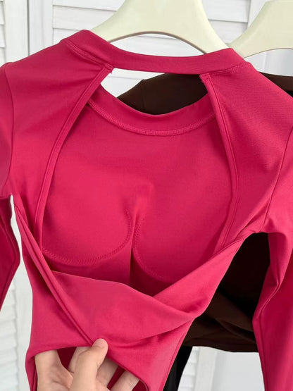 Yoga Long Sleeved Women's Fixed Chest Cushion Sexy Backless Short Sports T-shirt With Waist Cinching And Slimming Fitness Vest