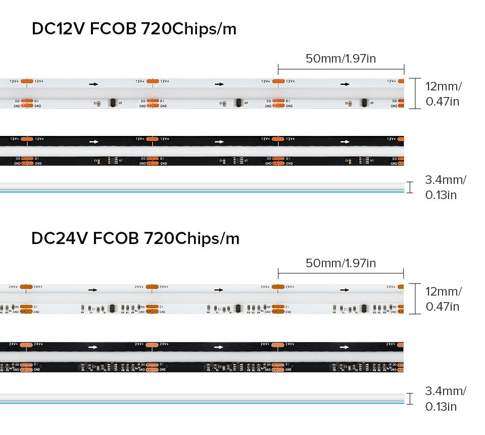 FCOB LED Light Strip Pixel Addressable 630 720 LEDs RGB Dream Full Color 12mm DC12V 24V WS2811 High Density Flexible COB Light