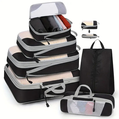 6PCS Travel Compressed Packing Cubes Storage Organizer Set With Shoe Bag Mesh Visual Luggage Portable Lightweight Suitcase Bag