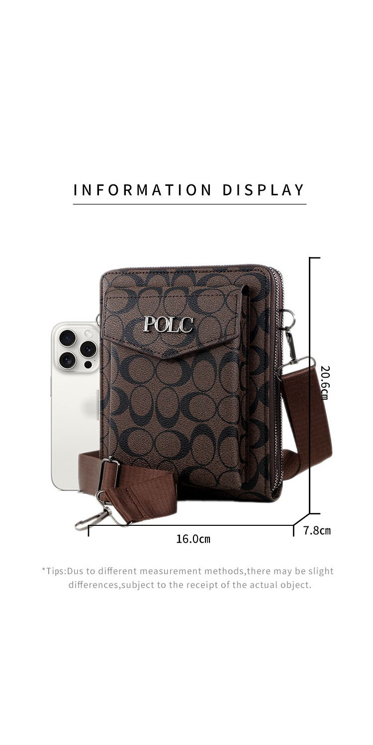 Business men's printed crossbody bag, shoulder bag, double zipper, large capacity ID bag, mobile phone bag, hanging bag