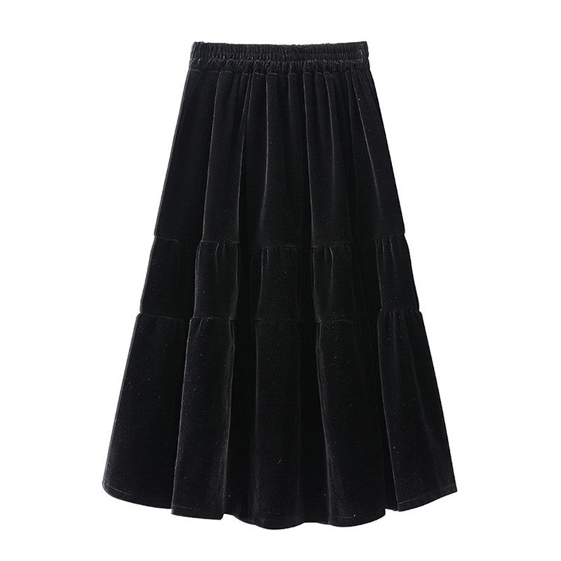 Preppy Style A-line Long Skirt Female Vintage Velvet Solid Skirt Autumn Winter Women Fashion High Waist Office Work Skirts 7XL
