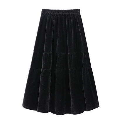 Preppy Style A-line Long Skirt Female Vintage Velvet Solid Skirt Autumn Winter Women Fashion High Waist Office Work Skirts 7XL