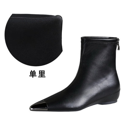 Retro European American Style Versatile Low Heel Heel Heightened Metal Pointed Iron Head Short Tube Women's Boots Short Boots