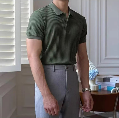 New Vertical Stripe Knit Polo Men's Shirts Summer Slim Solid Color Breathable Turn-Down Collar Business Short Sleeve Polo Tops